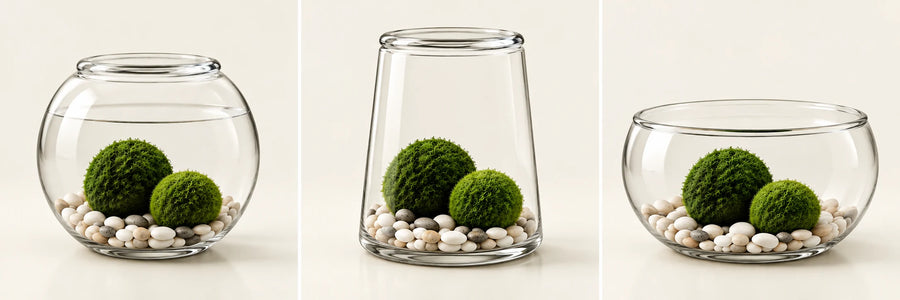 Illustrative ModMoss terrarium designs with green marimo moss balls, pale stones and three glass vessel shapes.