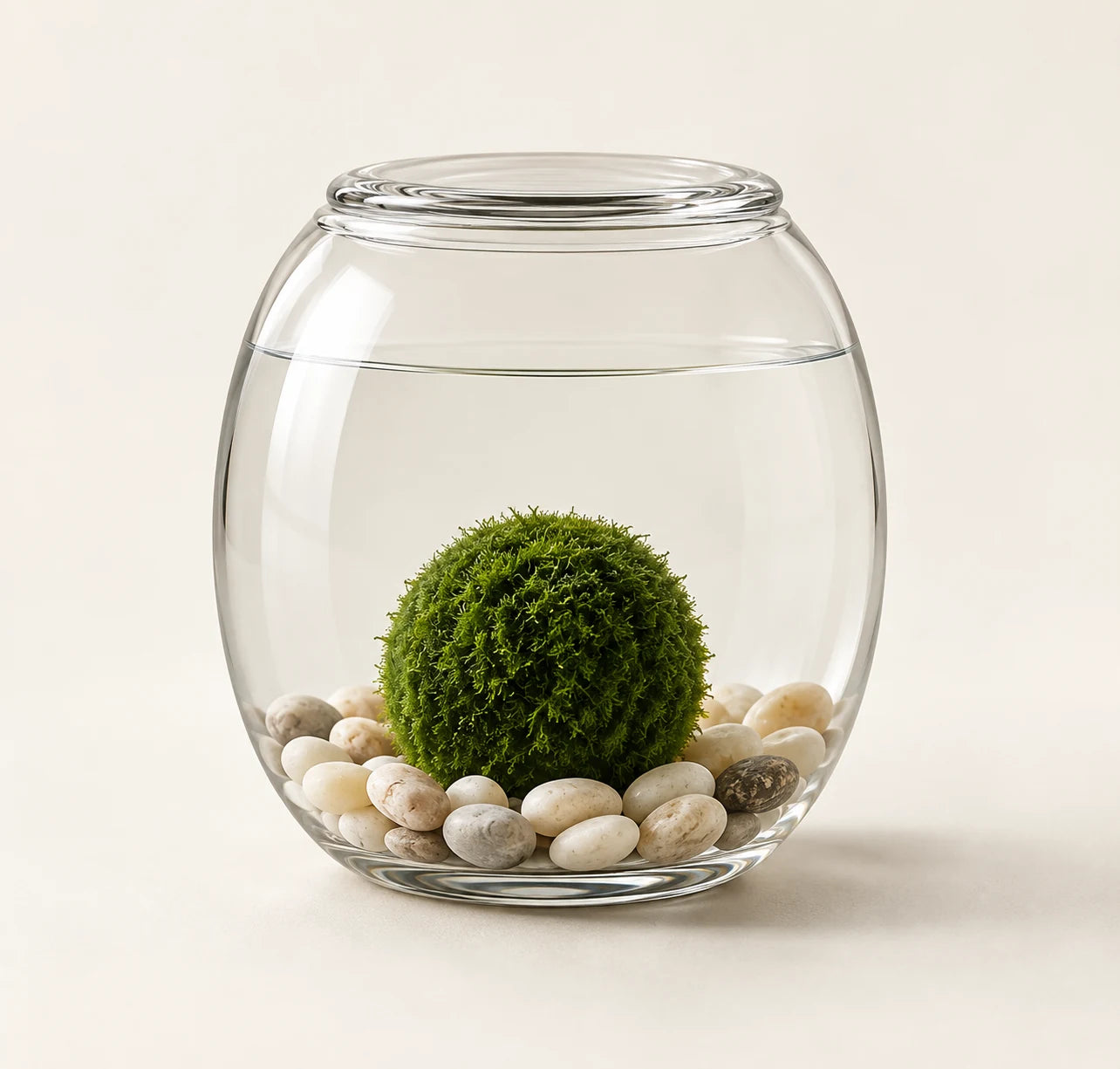 A simple glass bowl with a submerged green marimo, concept image