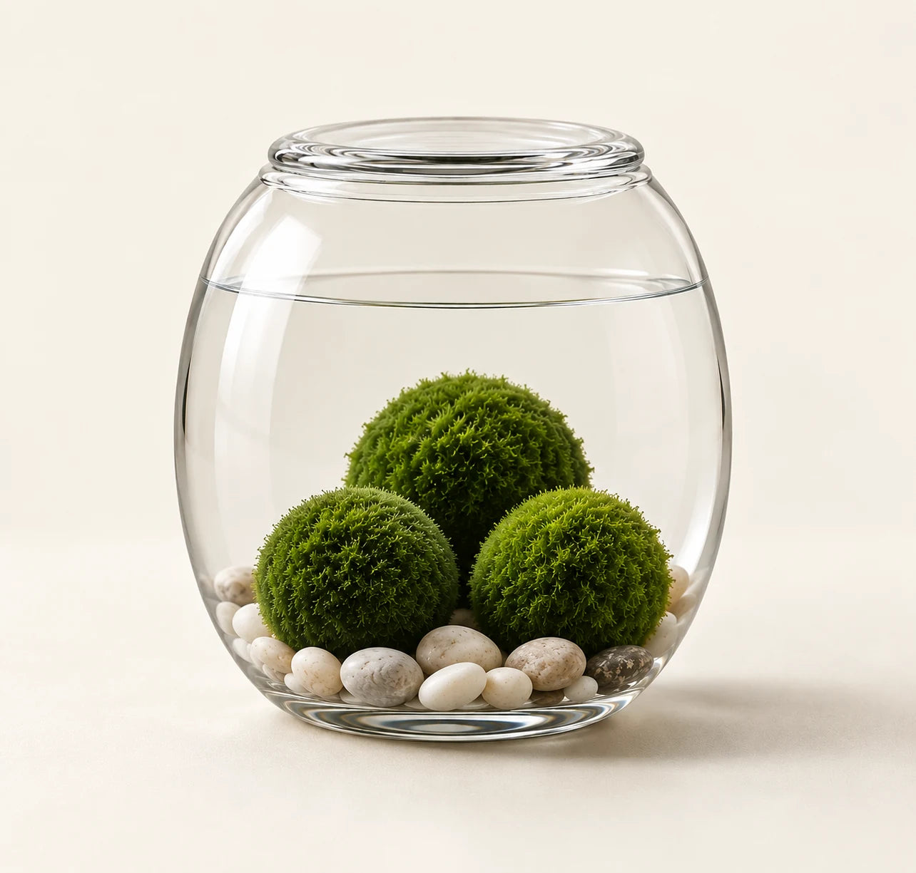 Concept of three green moss balls in a round glass vessel with pale river stones