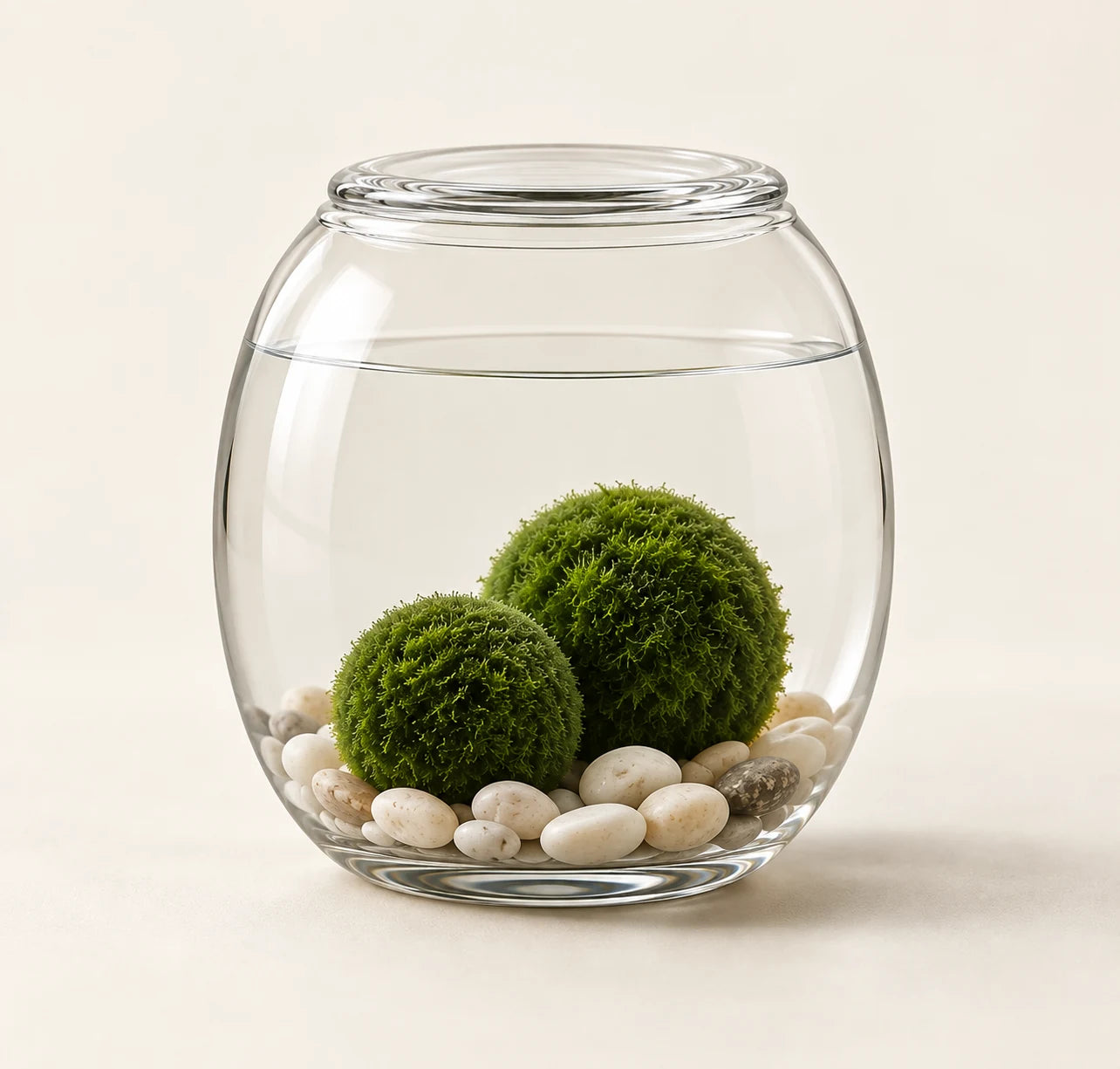 Illustrative glass vessel with two green marimo and pale stones